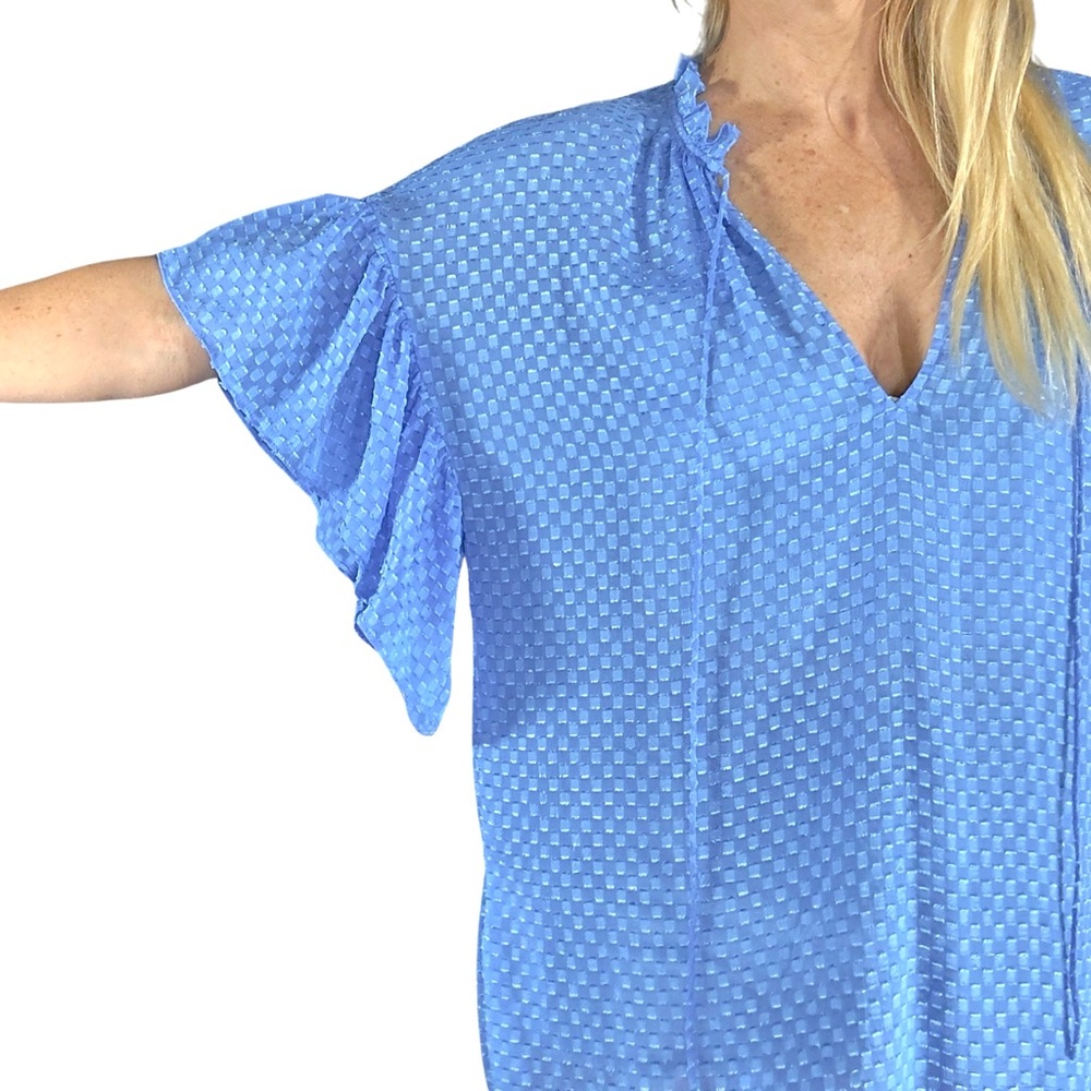 ALICE + OLIVIA Julius Ruffle Peasant Blouse Blue Top Solid Swiss
Dot‎ Ties - Picture 13 of 16